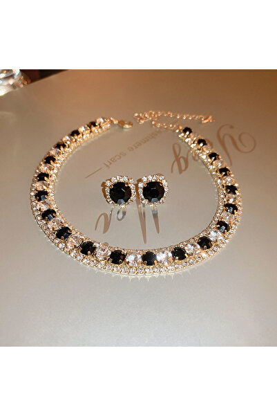 Choice Black Women's Rhinestone Decorated Necklace & EarringsTrendy Jewelry S...