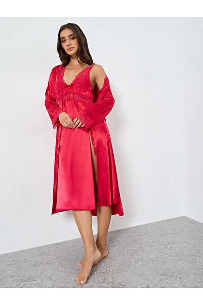 Take Two By Styli Red Satin Robe and Nightdress Set