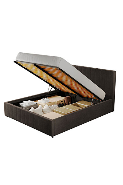 Conforto.ro Maldive upholstered double bed, wooden and palladium frame, brown, with folding slatted bed base and storage box