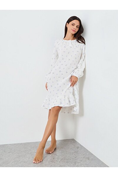 Styli COTTON GAUZE FLORAL PRINT RUFFLE EDGE & PLACKET DETAIL LONGSLEEVE NIGHT...