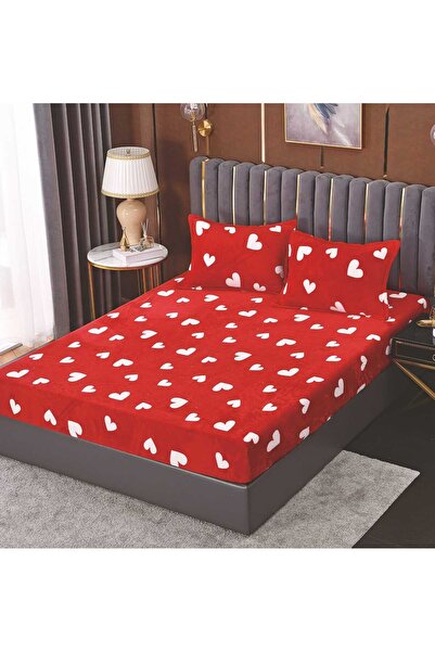 trendyhome Cocolino Bed Cover with Elastic, 3 Pieces – 180×200 cm, Heart Pattern, Red/White, N15262