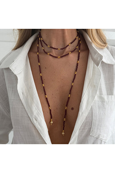 Choice قلادة شيكسين طويلة من الخرز البني المحمر بتصميم عتيق، قابلة للتكديس والتعديل، مناسبة للنساء