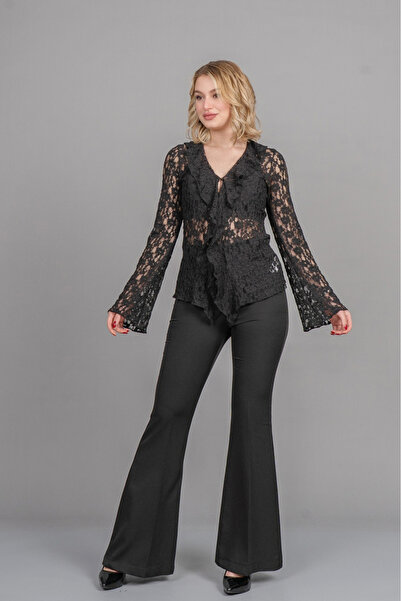 MissVina Bluză din tul premium cu guler volan și nasturi în față Cardigan 70048