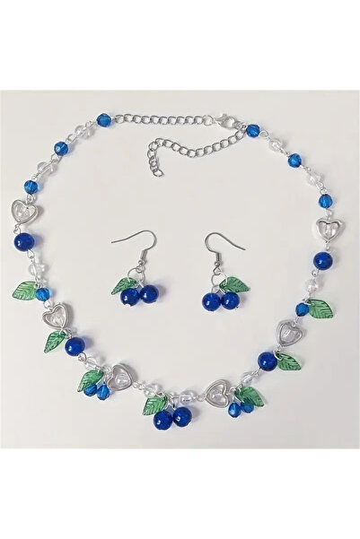 Choice طقم مجوهرات فاكهة التوت الأزرق البوهيمي، أقراط متدلية وقلادة ترقوة، بتصميم عصري مستوحى من التوت.
