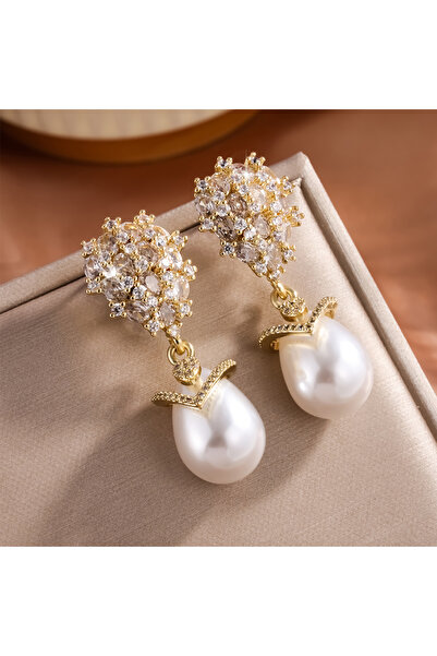 Choice أقراط زاكول الفاخرة على شكل دمعة كبيرة من اللؤلؤ للنساء، لون ذهبي، بتص...