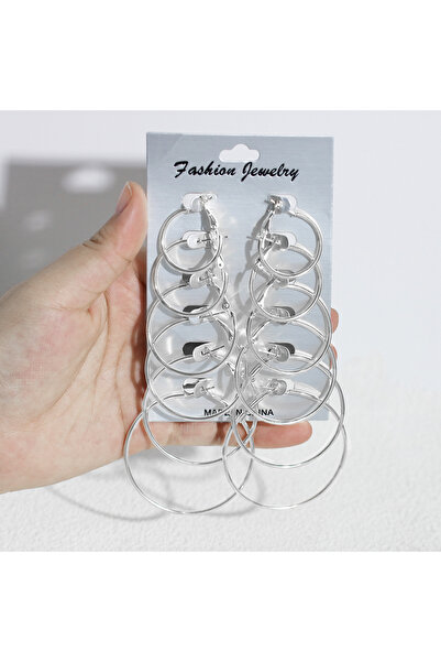 Choice طقم أقراط حلقية معدنية فضية اللون مكون من 6 أزواج، بتصميم دائري بسيط، ...