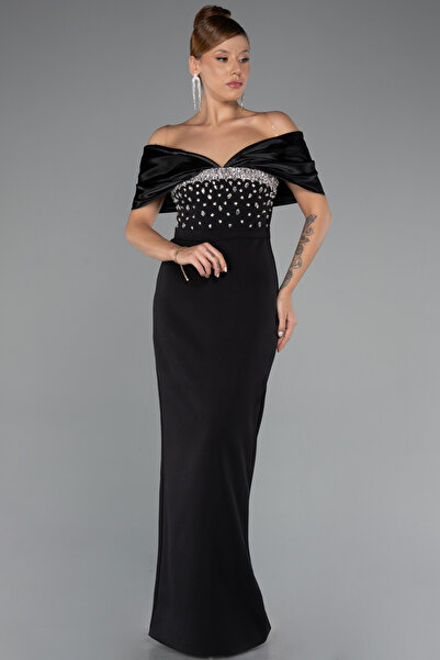 Abiyefon Siyah Kayık Yaka Göğsü Taşlı Uzun Abiye Elbise ABU5352