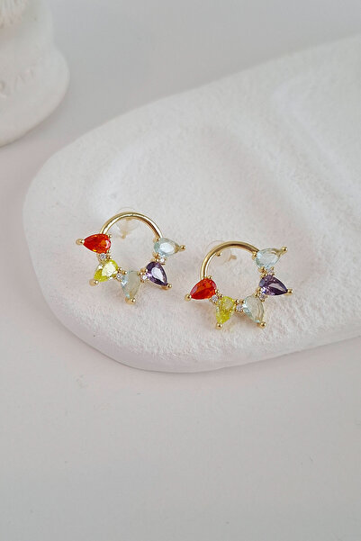 Norevia Gold Color Multi-Colored Drop Stone Hoop Earrings
