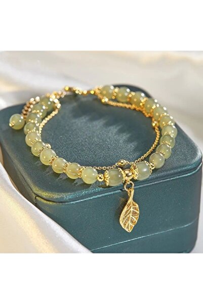 Choice سوار من اليشم الهيتيان من فينتفيل، لون ذهبي أصفر فاتح، طوله 16 سم، بتصميم أوراق مزدوجة، مناسب للنساء.