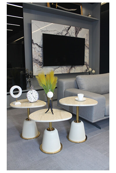 DECORAMİS Torino Zigon Sehpa Traverten Mdf (Krem - Gold) - Zigon Sehpa 3'lü