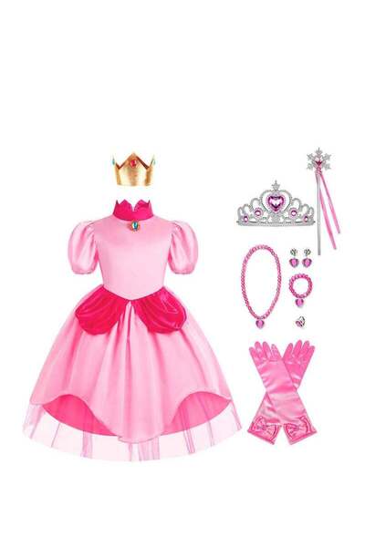 Arabest زي تنكري للأميرة بيتش للبنات، فستان الأميرة بيتش مع إكسسوارات: تاج وأقراط
