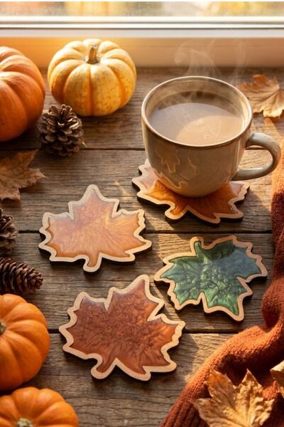 YuBaMar Coaster Set 4-Piece Epoxy Set - Leaf Pattern with Wooden Frame - Gift Product