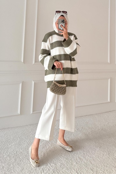 Rimel Moda Oversize Çizgi Triko Tunik Su Yeşili