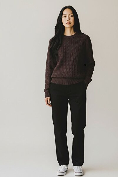 ÖNDER MODA Women's Brown Hair Weave Patterned Knitwear Sweater – Crew Neck, Long Sleeve, Casual Basic