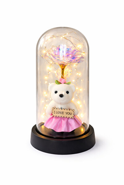 OEM Dome with Teddy Bear and Iridescent Royal Rose, Decorative LED, 20x11 cm, No batteries included