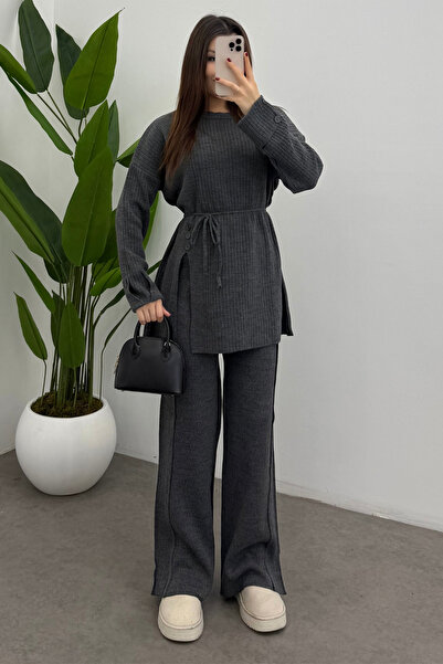 Ladima Women's Gray Waist Tied Button Detailed Corded Fabric Knitwear Sweater Trousers Two-Piece Set