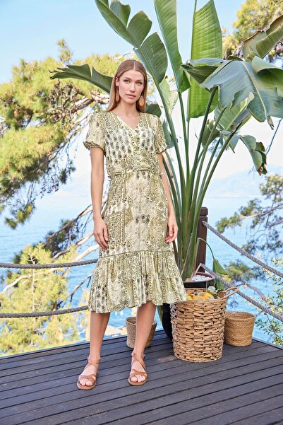 MONAMİSE Women's Ethnic Patterned Short Sleeve Front Buttoned V-Neck Dress 25005