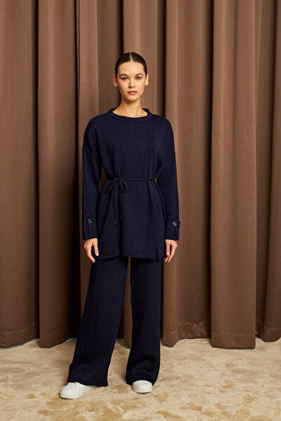 Ladima Women's Navy Blue Waist-Tie Button Detailed Corded Fabric Knitwear Sweater Trousers Two-Piece Set