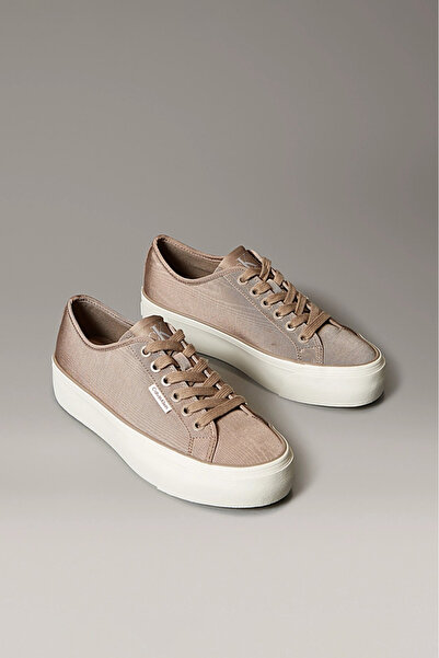 Calvin Klein Kadın Moire Bağcıklı Kalın Tabanlı Hareli Kumaş Spor Ayakkabı - Çöl Kumralı