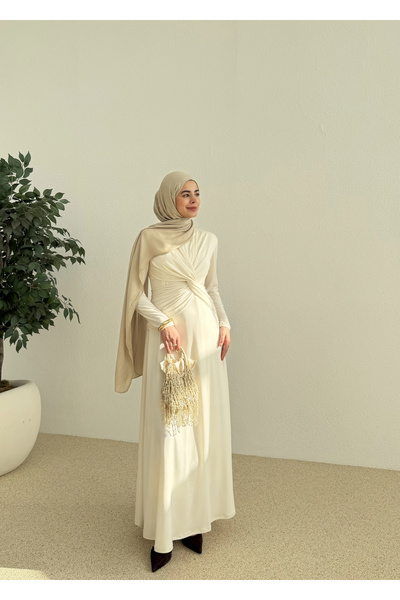 MODA AKSA DÜĞÜM DETAY ELBİSE Soft krem