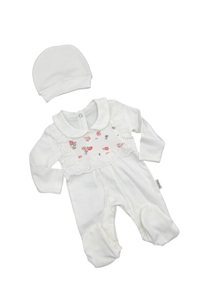 Baby day سالوبيت مواليد أنيق من القطن الناعم بتطريز زهري رقيق وقبعة مطابقة.