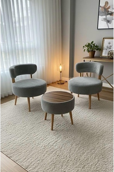 Aylive Mobilya Çay Seti İkili Koltuk Berjer Ve Puf Takımı 3 lü Takım (Balkon,...