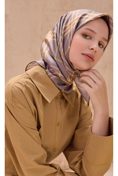 Belli Eșarfă de mătase Tivil IST 4122- 37 Maro Lăptos - Model în carouri galbene