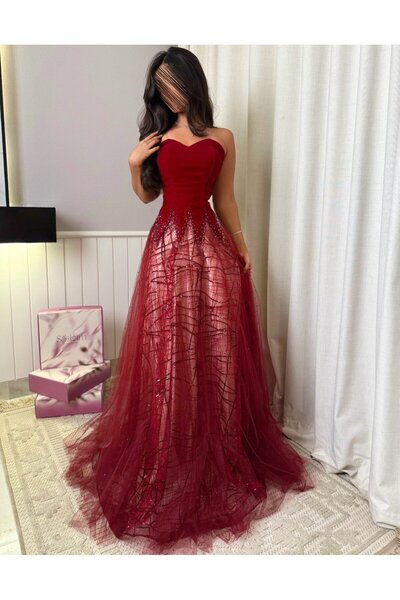 TooQ فستان برغندي مع تول متلألئ