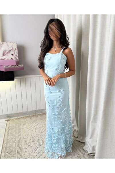 TooQ فستان ازرق فاتح بتطريز ازهار وترتر