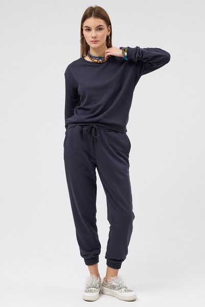Soho Mood Women's Crew Neck Three Thread Non-Brushed Cotton Anthracite Sweatshirt