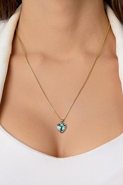 Fiyonk Kuyumculuk 14 Altın Ayar Desenli Küp Zincirli Renkli Kalp Kolye