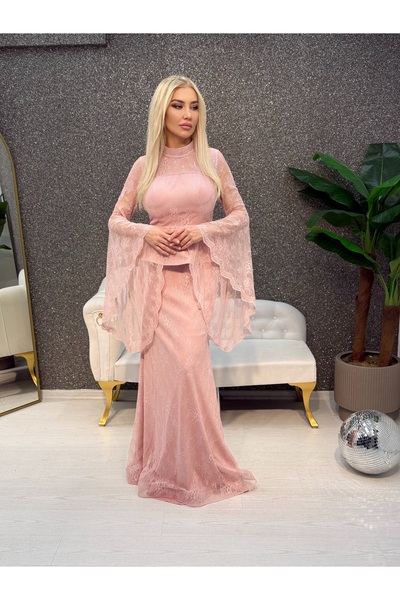 E&A Eren Abiye PUDRA VALON KOL BONCUK ISLEMELI BALIK ELBISE