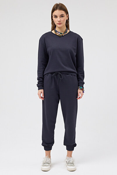 Soho Mood Γυναικείο φούτερ με λαιμόκοψη τριών κλωστών από βαμβάκι χωρίς σχέδιο ανθρακί