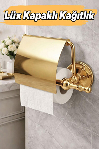 Badem10 (PREMİUM) Lüks Kapaklı Gold Tuvalet Kağıtlığı Duvara Monte Metal Bany...