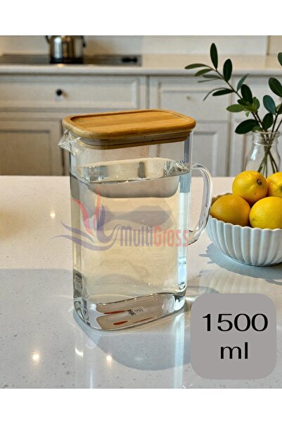 Multiamo Bambu Kapaklı Cam Sürahi 1500 ml Vakumlu Sürahi Buzdolabı Yan Rafa U...