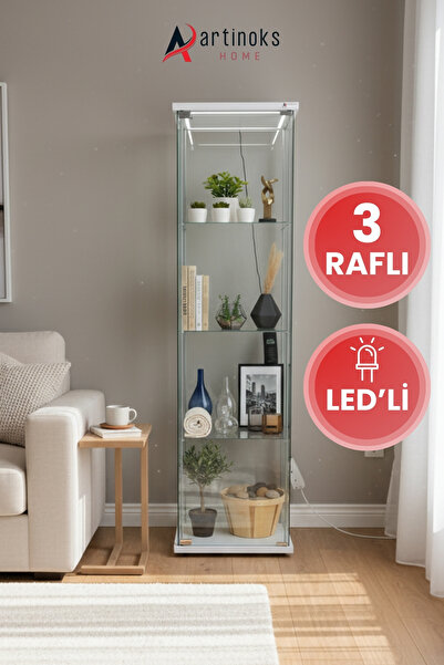 artinoks 3 Raflı Ledli Cam Vitrin Dolap Gümüşlük Koleksiyon Sergi Kitaplık Bü...