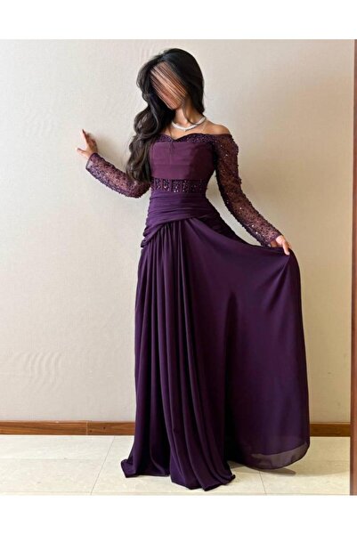 TooQ فستان ارجواني بأكتاف منسدلة واكمام طويلة مزينة