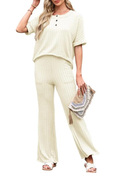 Arabest Women's Lounge Pajama Sets, Outfits Casual Short Sleeve Button Texture Tops and Wide Leg Pants