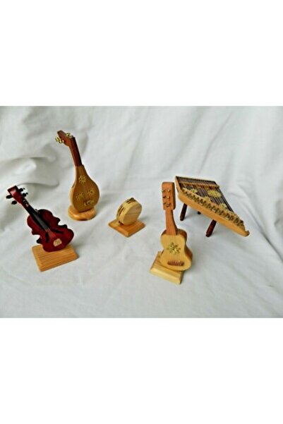 Handmade مجموعة آلات موسيقية خشبية صغيرة - كمان، عود، طبلة، دف، جيتار