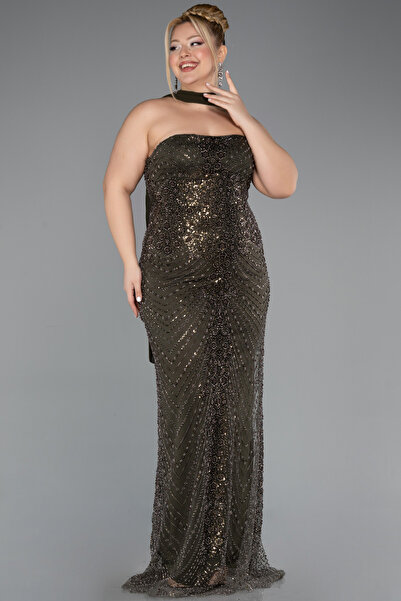 Abiyefon Koyu Haki Straplez Şallı Uzun Boncuklu Büyük Beden Abiye ABU5495