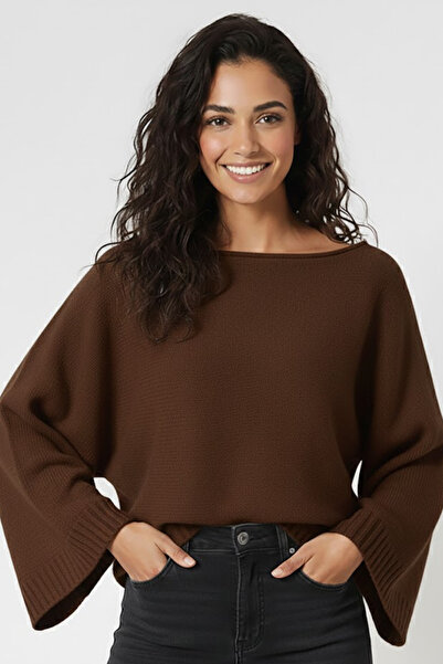 Devinka Pulover tricotat cu mânecă liliac maro pentru femei, cu textura moale, cu gât barcă