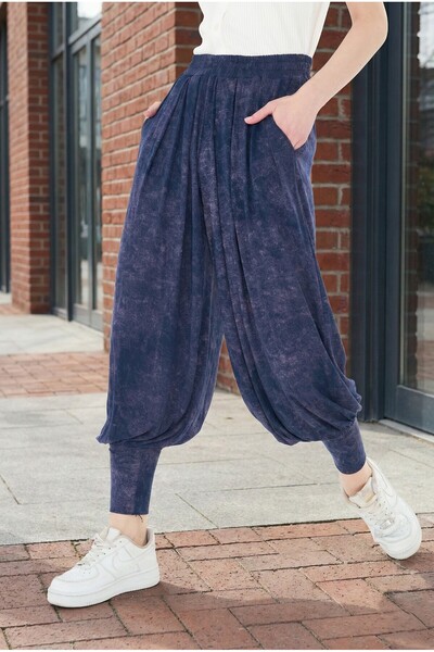 Avones Kadın Likralı Örme Viskon Şalvar Pantolon Cepli Pileli Manşetli Paça Rahat Kesim