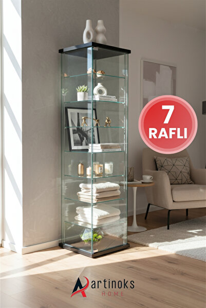 artinoks 7 Raflı Cam Vitrin Dolap Gümüşlük Koleksiyon Sergi Kitaplık Kapaklı ...