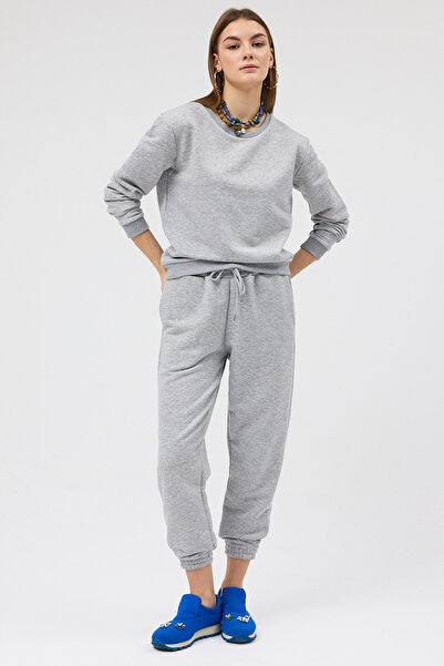 Soho Mood Pantaloni de sport gri din bumbac, fără șardon, cu 3 fire pentru femei