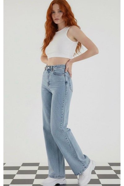 BROSERER Manolya 90's Light Snow Wash Blue Lycra Super High Waist Loose Jeans Palazzo Trousers