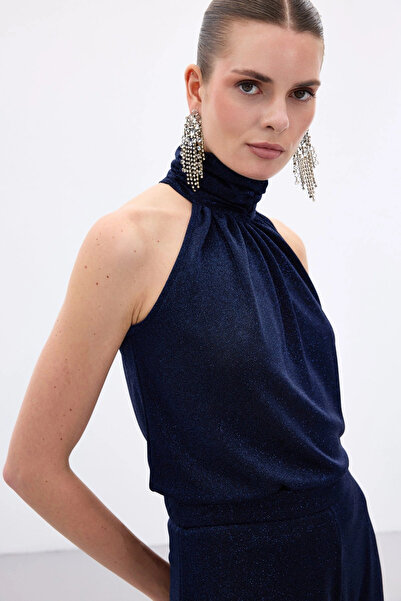 Sateen Sleeveless Shiny Blouse - Navy Blue