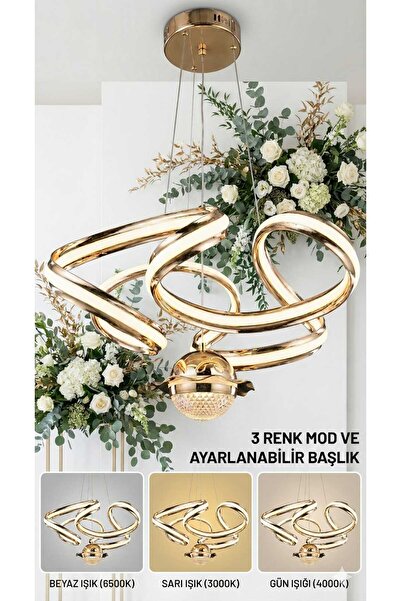 Bohem Aydınlatma Gold Şapkalı Çift Taraflı 3 Renk LED Modern Avize Beyaz/Sarı...