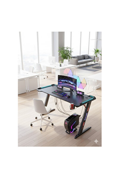 LAOBAN Gaming Desk with RGB Lights, Z-Shaped Design, Cup Holder, Headphone Hook,