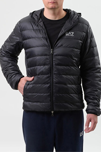 EA7 Erkek Kapüşonlu Gümüş Logo Detaylı Ördek Tüyü Dolgulu Mont - Siyah