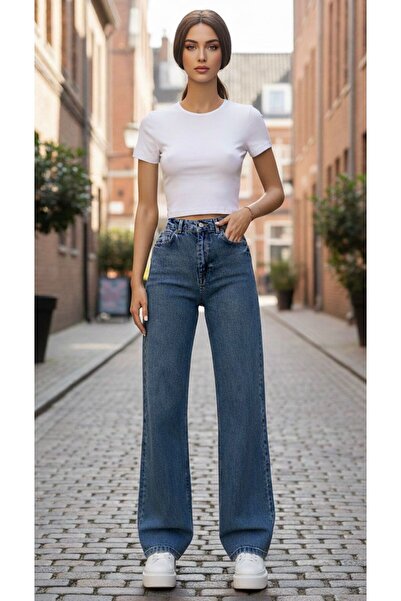 NWC Pantaloni de blugi din denim pentru femei Émilie, albastru mediu, spălat ...